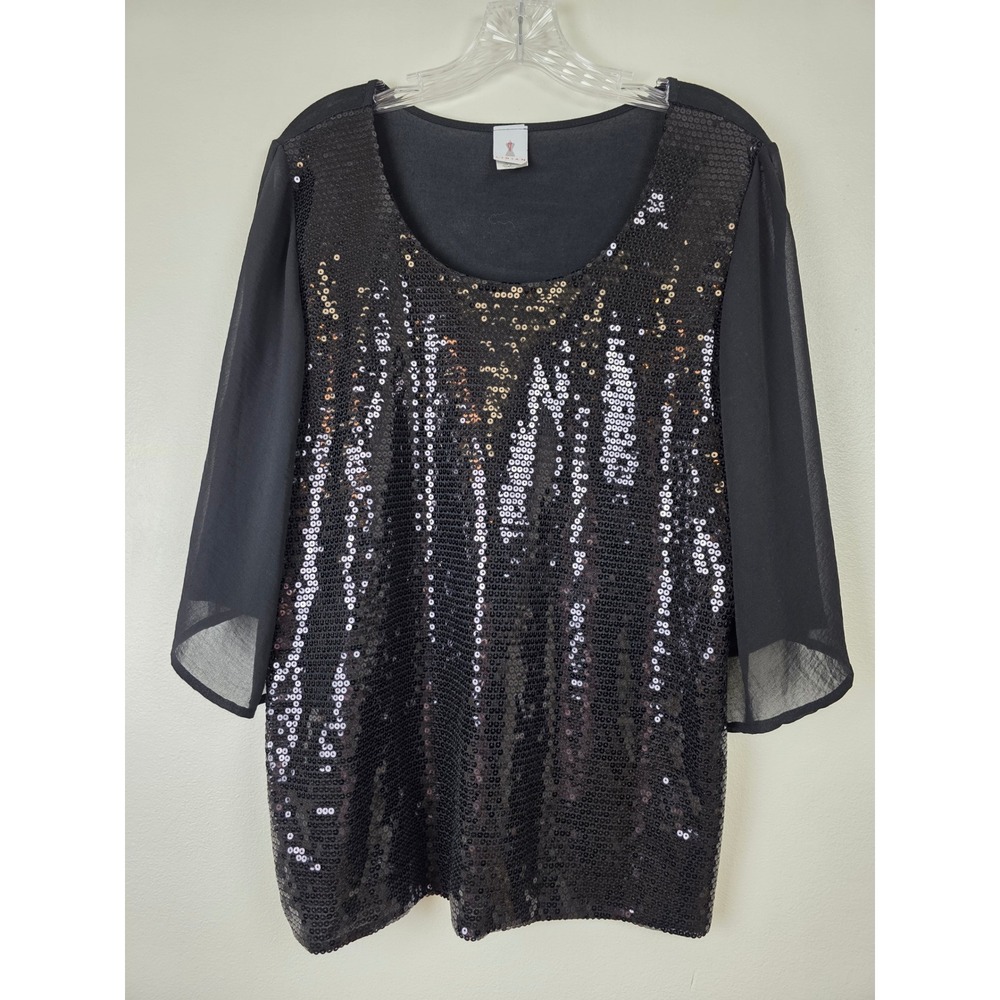 Sequin Front Black Women's Party Top - Elegant Evening Blouse